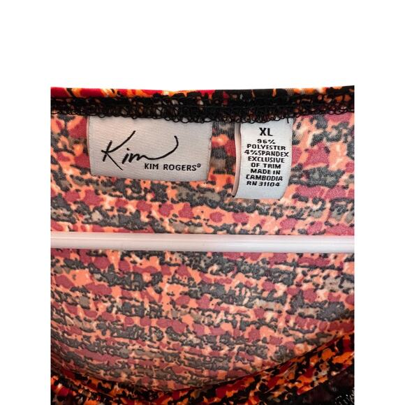 Kim Rogers Blouse Womens Size XL Red Orange Black Print Scoop Neck Grommet Trim - Picture 3 of 3